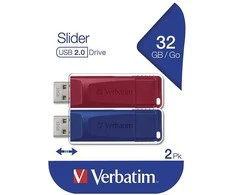 Verbatim USB atmintinė, USB 2.0, 32GB, Slider, mėlyna, raudona, 49327, USB A, usb su ištraukiama jungtimi. 2 vnt