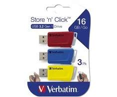 Verbatim USB flash disk, USB 3.0, 16GB, Store N Click, mix kolorów, 49306, USB A, su wysuwanym złączem. 3 vnt