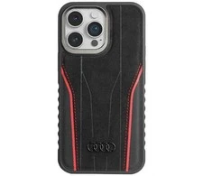 Audi Genuine Leather MagSafe Apple iPhone15 Pro Max 6.7″ juodos spalvos-red kietas dėklas AU-TPUPCMIP15P