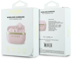 Belaidės ausinės TWS Guess Glossy Auksinė LinePrinted Classic Logo rožinės spalvos