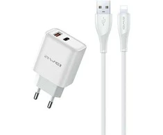 Įkroviklis Awei PD81L-EU 22.5W USB-A/USB-C + USB į Lightning laidas 1.0m baltas