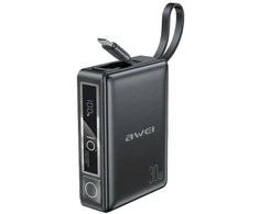 AWEI PowerBank su integruotu kabeliu P87K 10000mAh juodos spalvos 30W