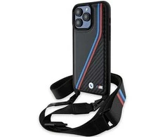 Dėklas BMW BMHCP15L23PSVTK Apple iPhone 15 Pro 6.1″ juodos spalvos hardcase M Edition Carbon Tricolor Lines &amp; Strap