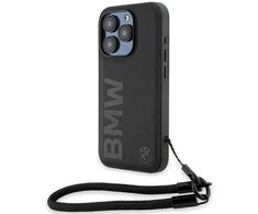 Dėklas BMW BMHCP15L23RMRLK Apple iPhone 15 Pro 6.1″ juodos spalvos kietas dėklas Signature Leather Wordmark Cord