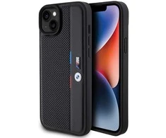 Dėklas BMW BMHCP15M23 PUPVK Apple iPhone 15 Plus 14 Plus 6.7″ juodos spalvos kietas dėklas Perforated Tricolor Line