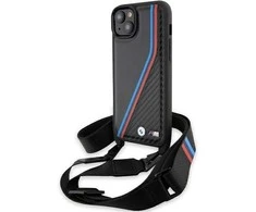Dėklas BMW BMHCP15S23 PSVTK Apple iPhone 15 14 13 6.1″ juodos spalvos kietas dėklas M Edition Carbon Tricolor Lines & S