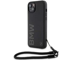 Dėklas BMW BMHCP15S23RMRLK Apple iPhone 15 14 13 6.1″ juodos spalvos kietas dėklas Signature Leather Wordmark Cord
