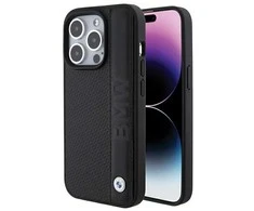 BMW BMHCP15X22RDPK Apple iPhone 15 Pro Max 6.7" dėklas telefonui juodos spalvos hardcase Leather Textured &amp; Stripe
