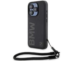 Dėklas BMW BMHCP15X23RMRLK Apple iPhone 15 Pro Max 6.7″ juodos spalvos kietas dėklas Signature Leather Wordmark Cord