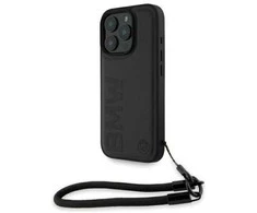 BMW BMHCP16X23RMRLK Apple iPhone 16 Pro Max 6.9" dėklas telefonui juodos spalvos Signature Leather Wordmark Cord