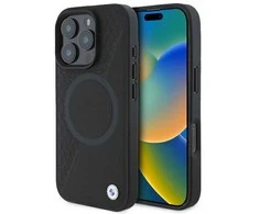 BMW Signature Leather Half Textured &amp; Circle MagSafe Apple iPhone 16 Pro - dėklas telefonui juodos spalvos