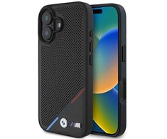 BMW M Perforated Tricolor Line MagSafe Apple iPhone 16 Case - dėklas telefonui juodos spalvos