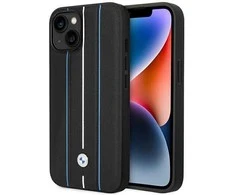 Dėklas BMW BMHCP14S22RVSK iPhone 14 6,1 colio juodas/juodas kietas odinis antspaudas mėlynos linijos