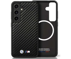 Dėklas BMW Leather Carbon MagSafe Samsung Galaxy S25 juodos spalvos