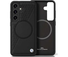 Dėklas BMW Leather Half Textured MagSafe Samsung Galaxy S25 juodos spalvos