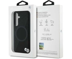 Dėklas BMW Leather Half Textured MagSafe Samsung Galaxy S25 juodos spalvos