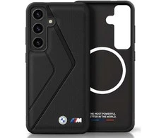 Dėklas BMW Leather Oversized Stripes MagSafe Samsung Galaxy S25 juodos spalvos