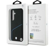 Dėklas BMW Leather Textured and Smooth MagSafe Samsung Galaxy S25 juodos spalvos