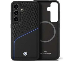 Dėklas BMW Leather Textured and Smooth MagSafe Samsung Galaxy S25 juodos spalvos