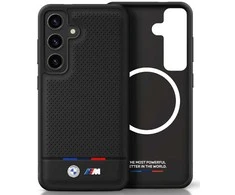Dėklas BMW Leather Tricolor Stripe MagSafe skirtas Samsung Galaxy S25 Plus juodos spalvos