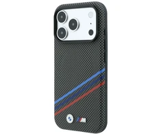 BMW M Quadrille Kevlar rašto trijų spalvų linijų ir metalinio logotipo MagSafe dėklas, skirtas iPhone 18 Pro Max / 17 Pro