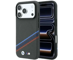 BMW M Quadrille Kevlar rašto trijų spalvų linijų ir metalinio logotipo MagSafe dėklas, skirtas iPhone 18 Pro Max / 17 Pro