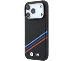 Dėklas BMW M Quadrille Kevlar Print Tricolor Lines &amp; Metal Logo MagSafe do iPhone 18 Pro Max / 17 Pro Max juoda