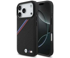 BMW M Tricolor Metal Logo MagSafe dėklas skirtas Apple iPhone 17 Pro juodos spalvos