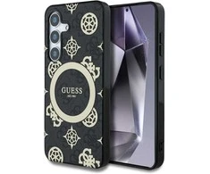 Guess 4G Background Gold Electroplated Peony Pattern MagSafe Samsung Galaxy S25 dėklas telefonui juodos spalvos