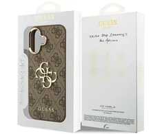 Guess PU Leather 4G Metal Logo Gold Frame dėklas skirtas Apple iPhone 17 rudos spalvos