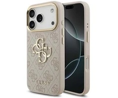 Guess PU Leather 4G Metal Logo Gold Frame dėklas skirtas Apple iPhone 17 Pro rožinės spalvos