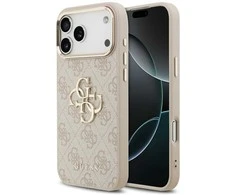 Guess PU Leather 4G Metal Logo Gold Frame dėklas skirtas Apple iPhone 17 Pro Max rožinės spalvos