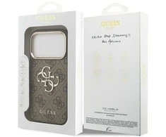 Guess PU Leather 4G Metal Logo Gold Frame dėklas skirtas Apple iPhone 17 Pro rudos spalvos