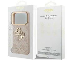Guess PU Leather 4G Metal Logo Gold Frame dėklas skirtas Apple iPhone 17 Pro rožinės spalvos