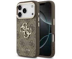 Guess PU Leather 4G Metal Logo Gold Frame dėklas skirtas Apple iPhone 17 Pro rudos spalvos