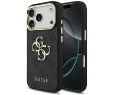 Guess PU Leather 4G Metal Logo Gold Frame dėklas skirtas Apple iPhone 17 Pro juodos spalvos