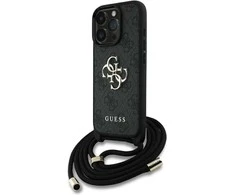 Dėklas Guess 4G Big Logo Cord Strap Crossbody iPhone 16 Pro Max juodos spalvos