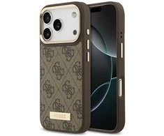 Guess 4G Logo Plate MagSafe dėklas skirtas Apple iPhone 17 Pro rudos spalvos