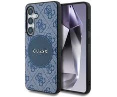 Guess 4G Round Patch Classic Logo MagSafe Samsung Galaxy S25 Plus dėklas telefonui mėlynos spalvos