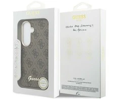 Guess PU 4G Script Metal Logo Magnetic dėklas skirtas Samsung Galaxy S26 rudos spalvos