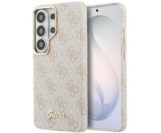 Guess PU 4G Script Metal Logo Magnetic dėklas skirtas Samsung Galaxy S26 Ultra rožinės spalvos