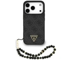 GUESS dėklas, skirtas IPHONE 17 Pro, suderinamas su MagSafe GUHMP17LP4TSDPPSK (4G PU su dirželiu, trikampio logotipu), juodas