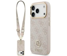 Original dėklas GUESS 4G Strass Logo & Big Strap Metal Mygtukai MagSafe skirtas Apple iPhone 17 Pro pink
