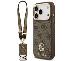 Guess 4G Strass Logo &amp; Big Strap Metal Mygtukai MagSafe dėklas skirtas Apple iPhone 17 Pro Brown