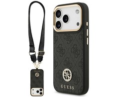 Guess 4G Strass Logo &amp; Big Strap Metal Mygtukai MagSafe dėklas skirtas Apple iPhone 17 Pro juodos spalvos