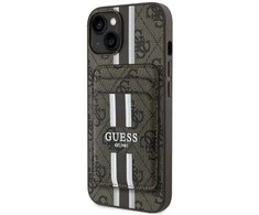 Guess 4G Stripes su krepšeliu Magsafe Apple iPhone 15 dėklas telefonui rudos spalvos