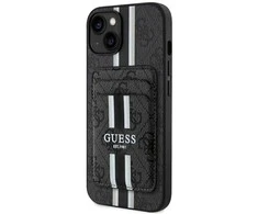 Guess 4G Stripes su portfelem Magsafe Apple iPhone 15 dėklas telefonui juodos spalvos