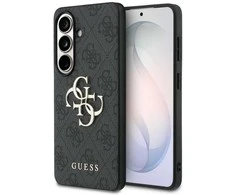 Telefono dėklas Guess 4G su dideliu metaliniu logotipu, skirtas Samsung Galaxy S26, juodos/pilkos spalvos