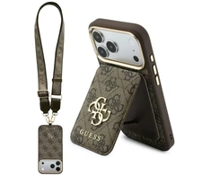 Dėklas Guess 4G su portfelem i smyczą Magsafe do iPhone 18 Pro Max / 17 Pro Max ruda