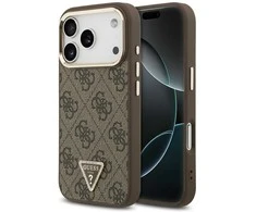 Guess PU Leather 4G Strass Triangle Logo Gold Frame MagSafe dėklas skirtas Apple iPhone 17 Pro rudos spalvos